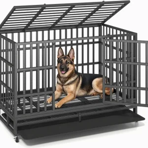 48/42/38 Inch Heavy Duty Indestructible Xl Dog Crate Steel Escape Proof, Indoor Double Door High Anxiety Cage, Kennel With Wheel
